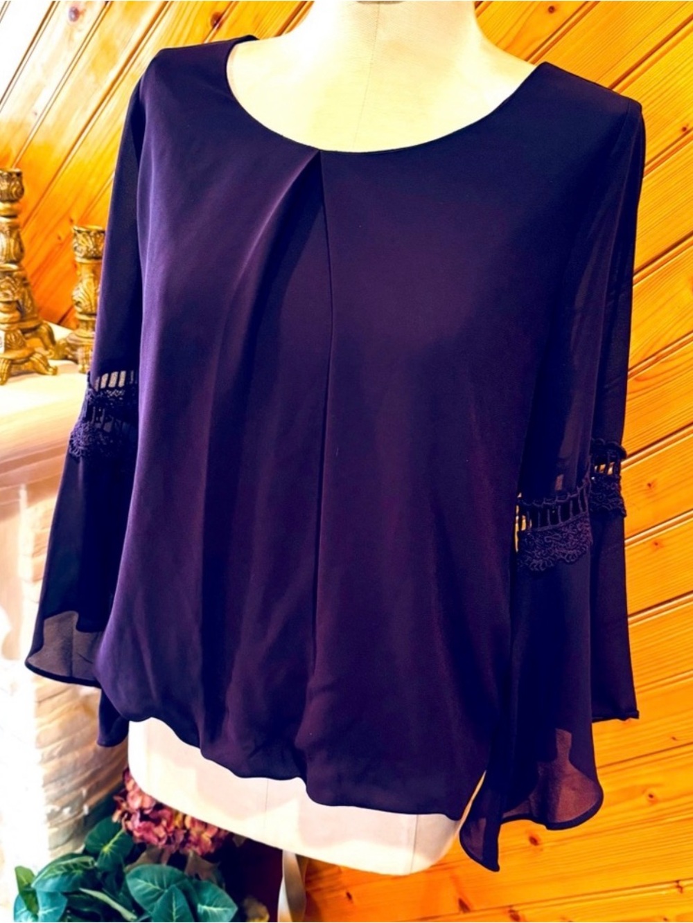 IN San Francisco Plum Chiffon Bell Sleeve Crochet Boho Blouse Size Small
